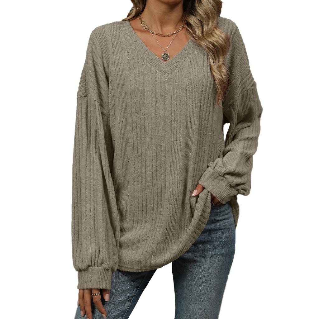 Fall Winter Women's Solid Color V Neck Loose Long Sleeve T-shirt Top Casual Daily Wear For Women