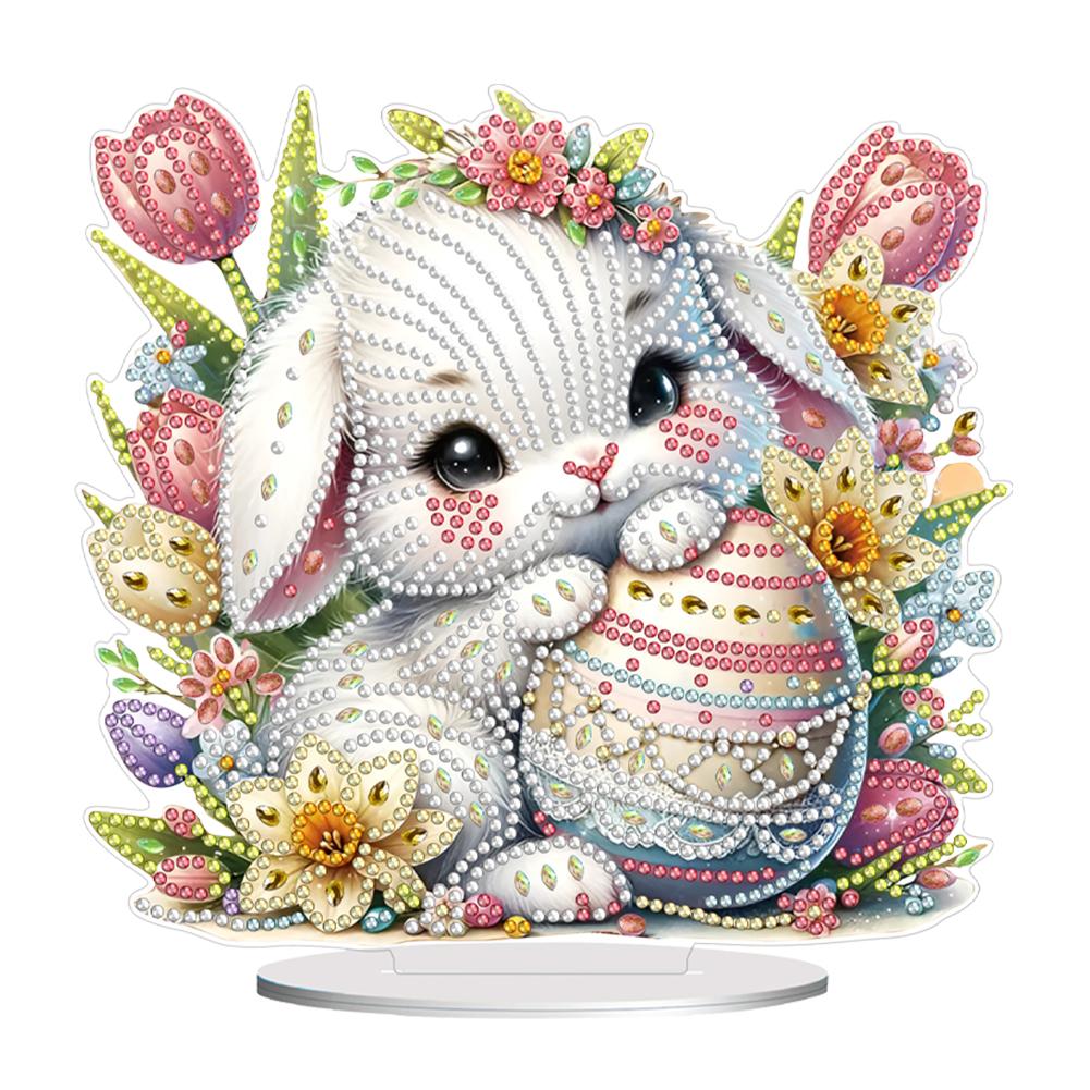 Acrylic Special Shape Easter Flower Rabbit Table Top Diamond Painting Ornament Kits Desktop Diamond Art Kits Bedroom Table Decor