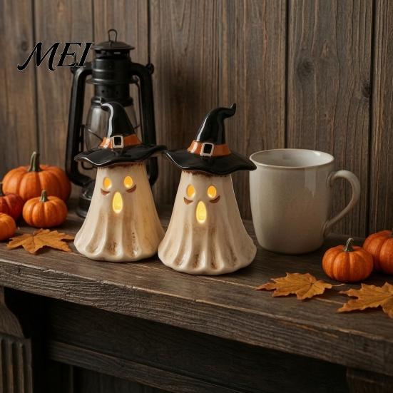Holiday Atmospheric Night Lights Witch Hat Ghost Tealight Candle Holder, Vintage Resin Halloween Tabletop Decor Style Crafts with Warm Glow
