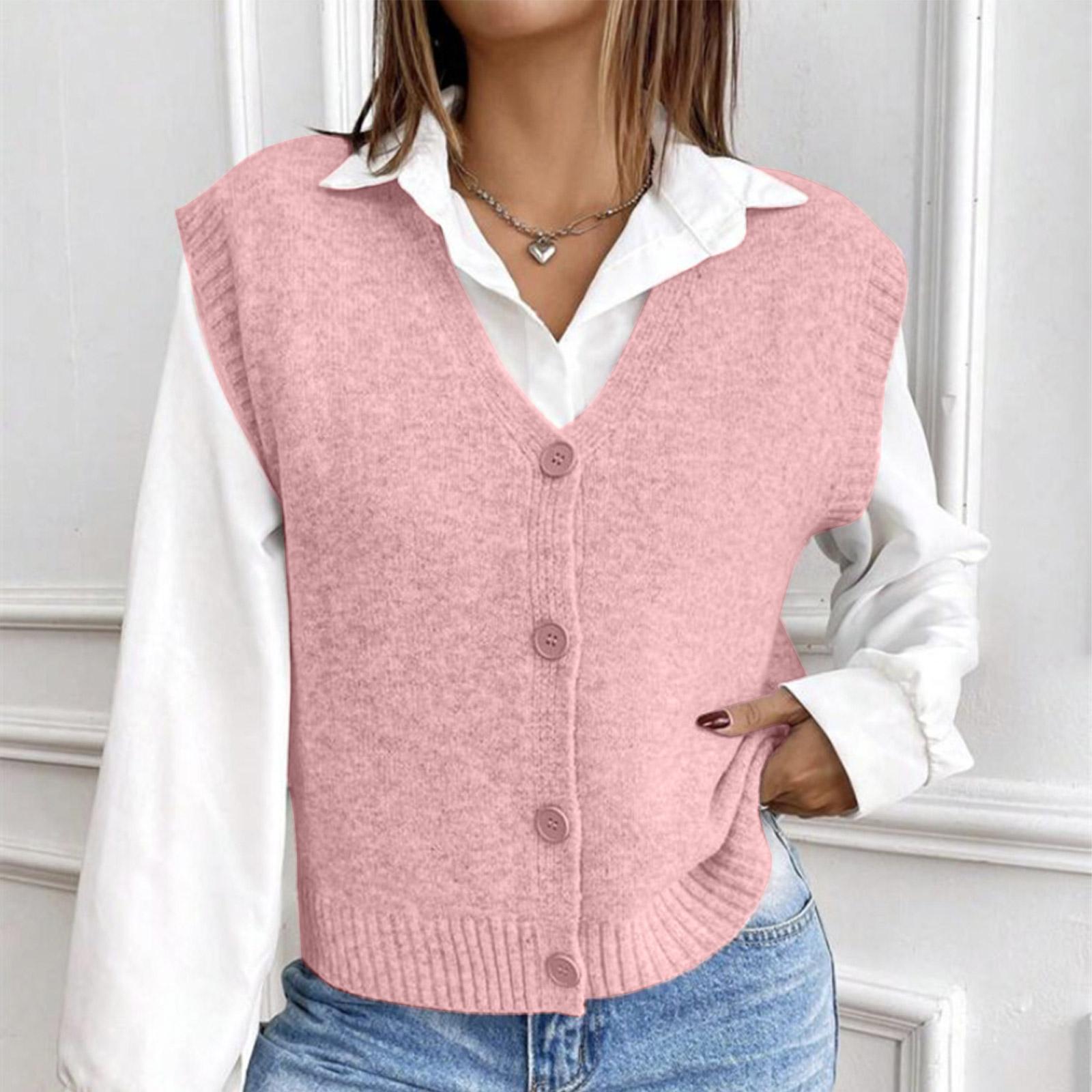 

Женский свободный вязаный жилет с V-образным вырезом, однотонный свитер XL розовый
