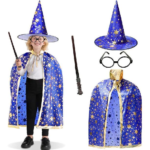iGeeKid 4 шт. Набор костюмов волшебника на Хэллоуин для детей, Включает плащ ведьмы, шляпу волшебника, волшебную палочку и круглые очки для мальчиков и девочек синий