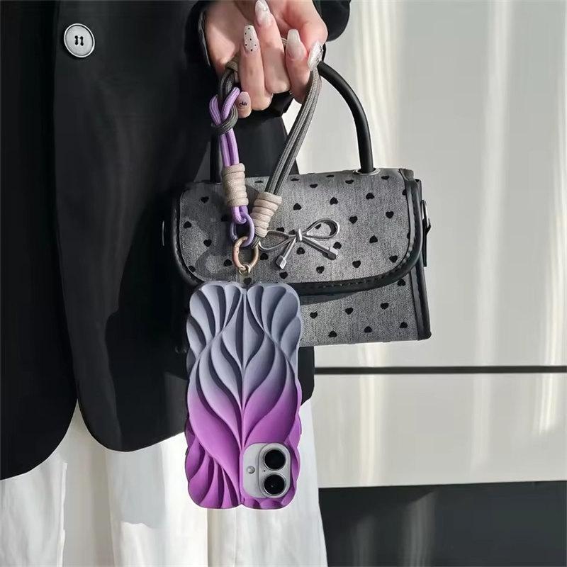 Gradient Pleated Leaf Texture Phone Case with Wrist Strap for iPhone 16 Pro Max 15 14 Plus 13 Shockproof Protectiv Back Cover