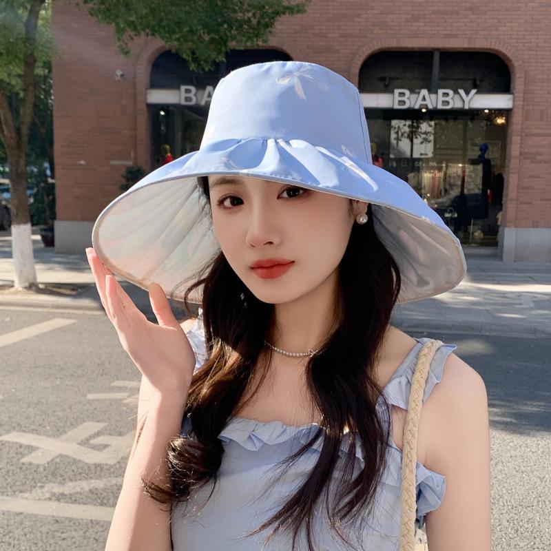 New big edge bucket hat women's summer sunscreen sun hat color glue face cover beach hat foldable bow