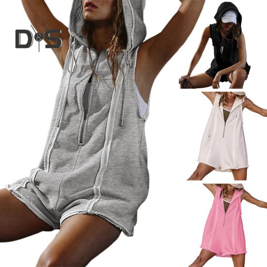Macacão Curto de Verão Feminino Macacão Sem Mangas com Capuz e Zíper Até a Metade Macacão Macacão Atlético de Uma Peça com Bolsos