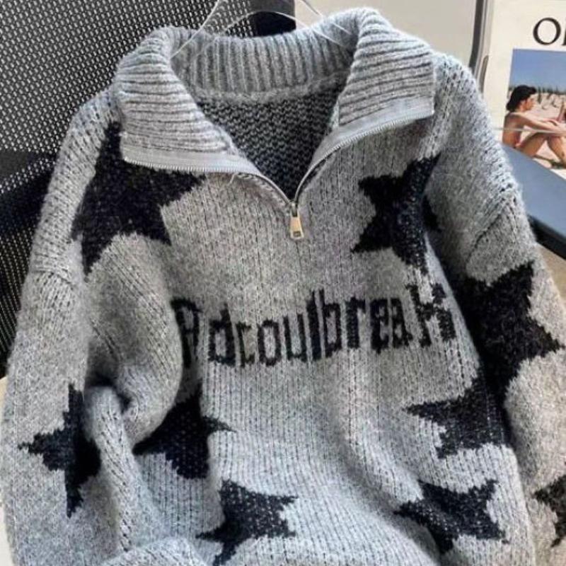 

Женские джемперы на молнии до половины с жаккардовым узором в виде звезд, в американском ретро-тренде, с лацканом, осенние, свободного кроя, модные, пуловер, женский топ One Size серый