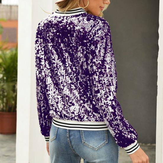 Women Jacket Shiny Sequin Long Sleeve Stand Collar Striped Loose Zipper Closure