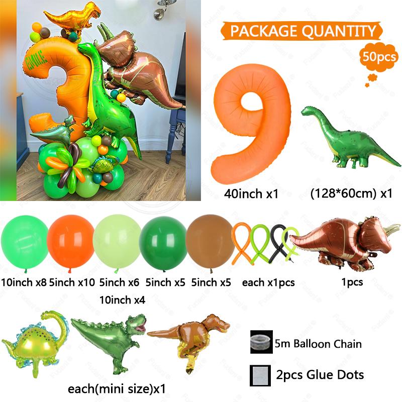 Green Jungle Animal Dinosaur Digital Set for Boys' Birthday Party Decoration Orange Number Colum Tyrannosaurus Rex Balloon Gift