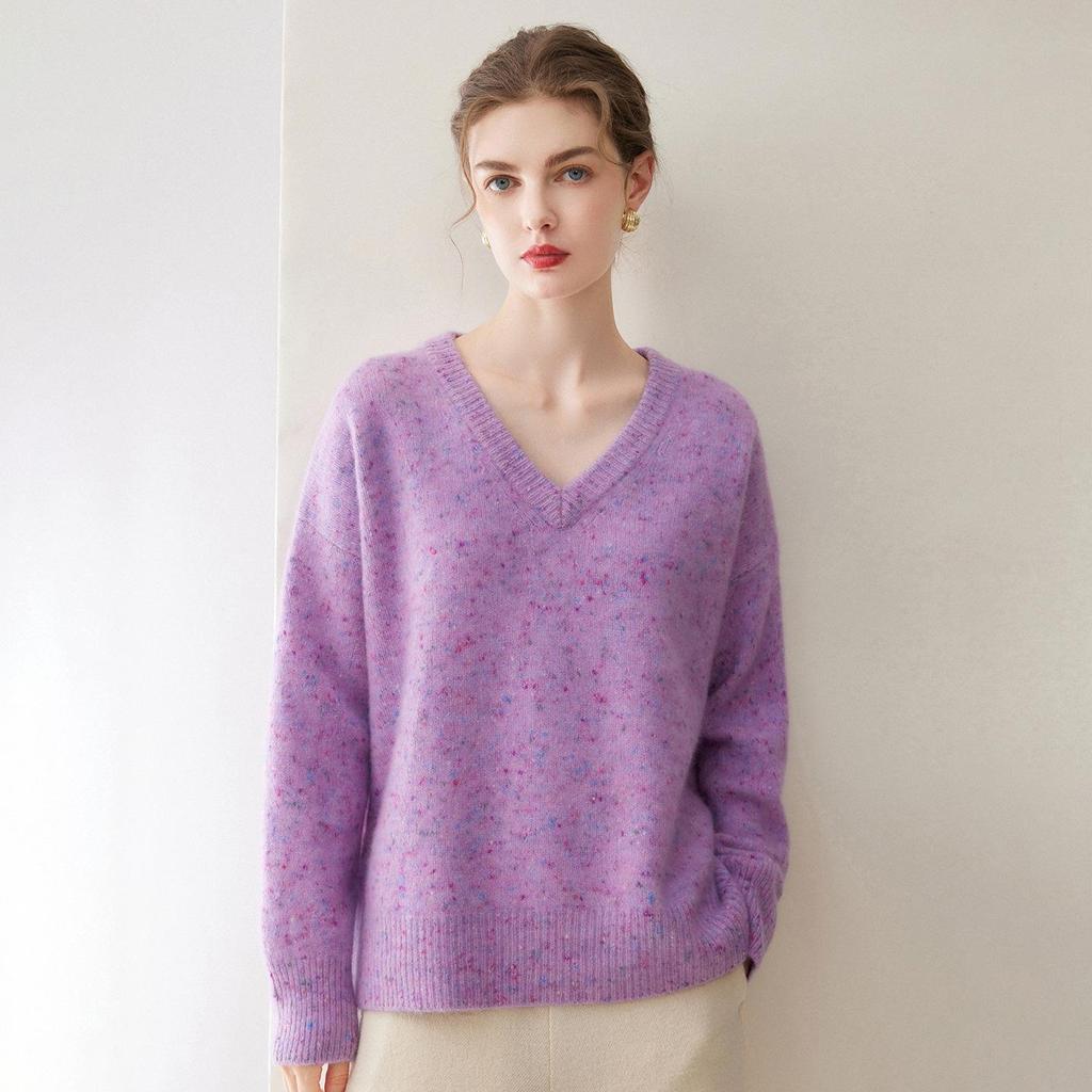 Floral Yarn Women's V-neck Cashmere Sweater - Winter 2026 New Arrival, Elegant Style, Thick Loose Slimming Knitwear.