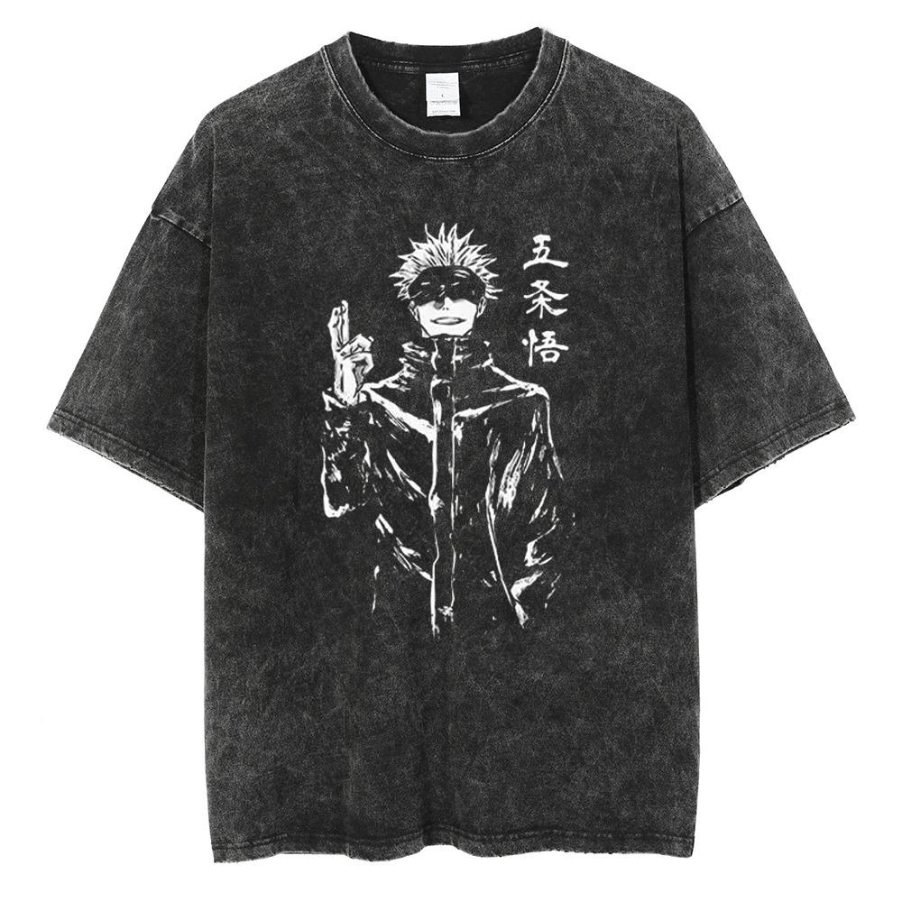 Men Harajuku Black Washed T-Shirt Streetwear Japan Anime  Graphic Cotton Casual Tshirt Summer Short Sleeve Tops T Shirt