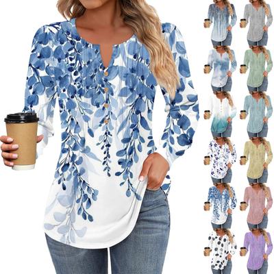 Damenmode Lässig Plissiert Rundhals Zierknopf Bedruckt Langarm T-Shirt Top
