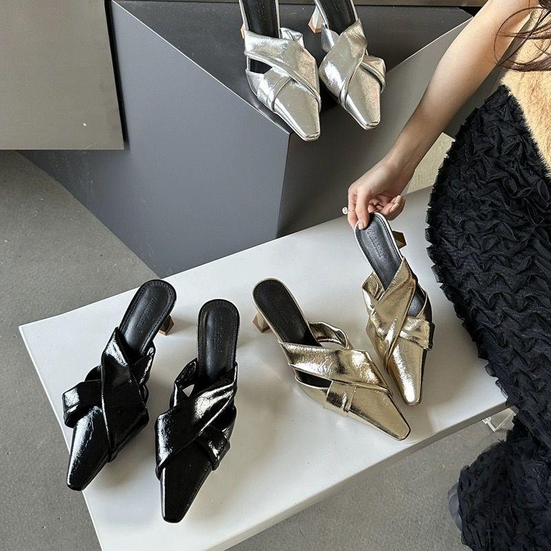Fashion New Style Punk Goth Metal Buckle High Heels Women's Sandals Summer Pointed Toe Silver Party Shoes Fashionable Womens Pumps Shoes