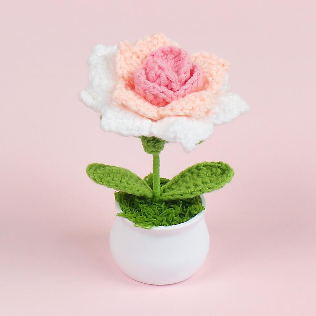 Artificial Rose Flower Creative Knitting Flower Potted Crochet Rose Flowers Table Decor Knitted Plant
