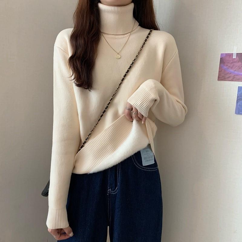 Rolák Zimní Svetr Dámský Elegantní Zesílený Sametová Podšívka Teplý Sueter Pletený Pulovr Slim Top Pletené Oblečení Svetr