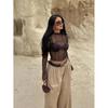 European Style Women's Sexy Round Neck Long Sleeve Mesh See-Through Cropped Top, 2026 Collection.