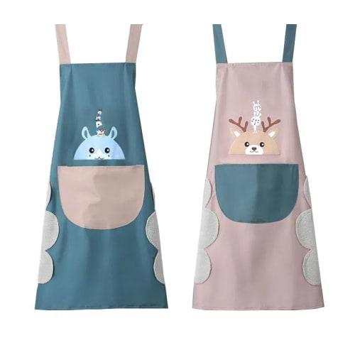 HUQIDAO Waterproof Apron Set of 2, Neck-Hanging Cafe Apron, Stylish H-Shaped Apron with Pockets, Adjustable, Solid Color, Cafe Style, Unisex (Pink and