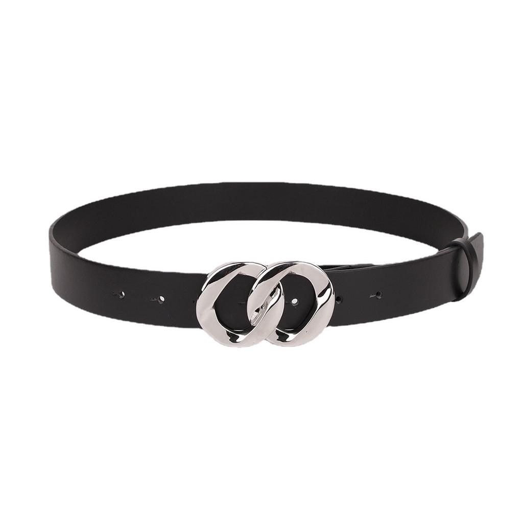 The New Double-loop Chain Buckle Base Black Smooth PU Belt Is A Versatile Belt for Women