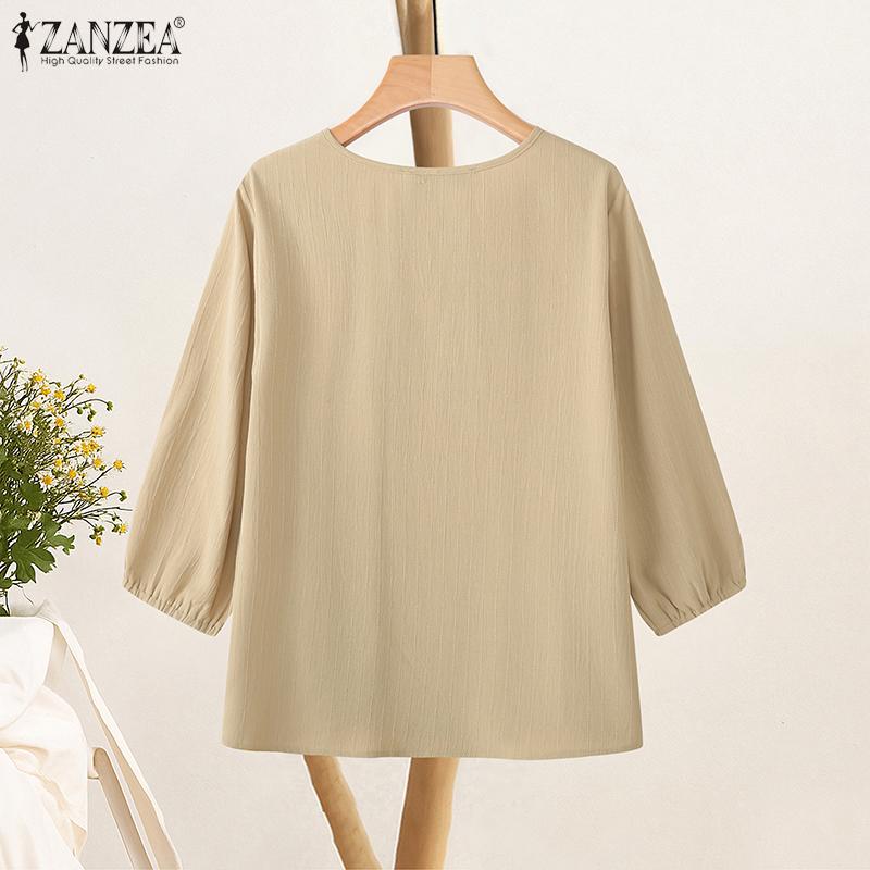 ZANZEA Women Casual V-Neck Loose 3/4 Sleeve Solid Blouse