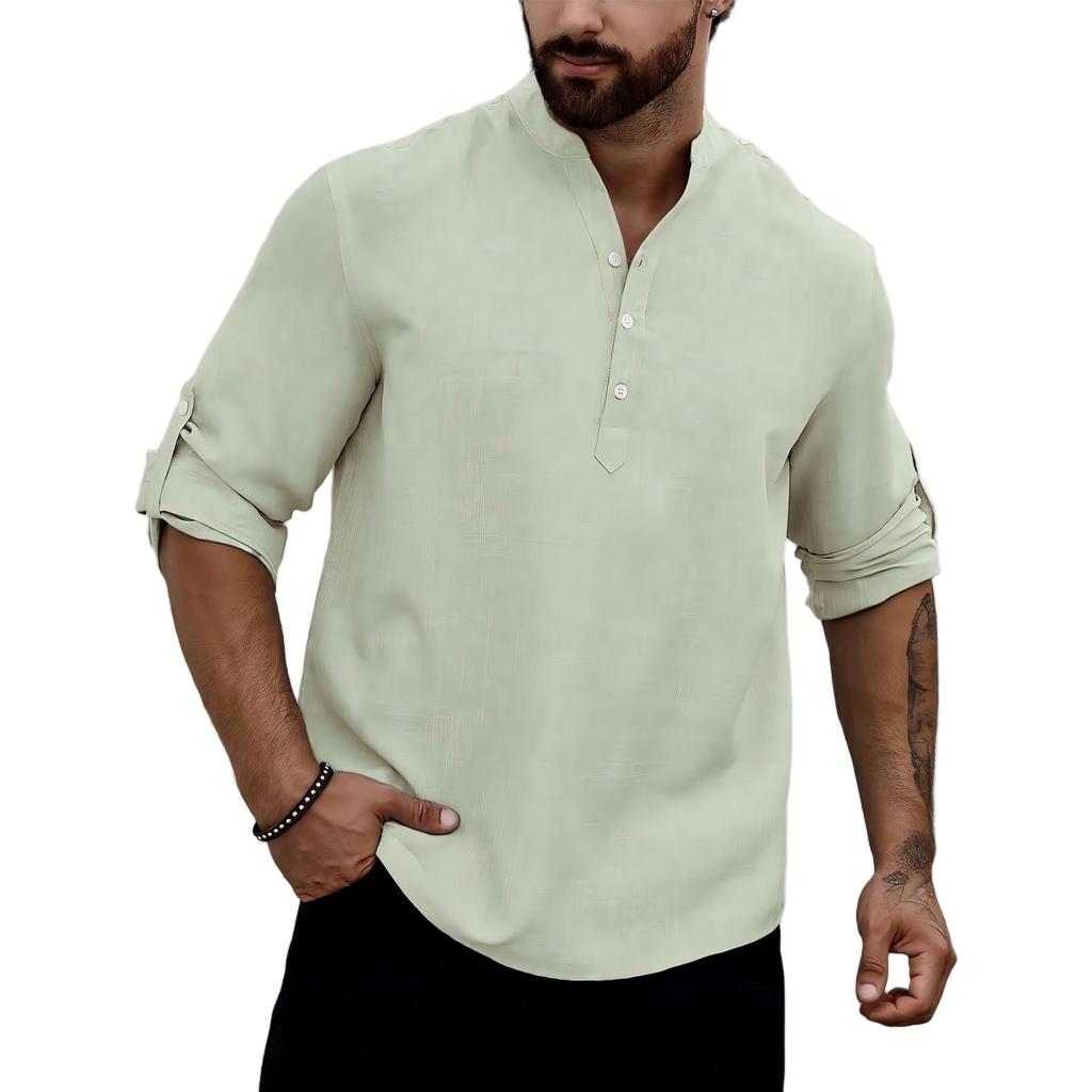 Men Henley Collar Long Sleeve Casual Shirt Lightweight Breathable Fabric Relaxed Fit Roll Up Sleeve Tunic Top