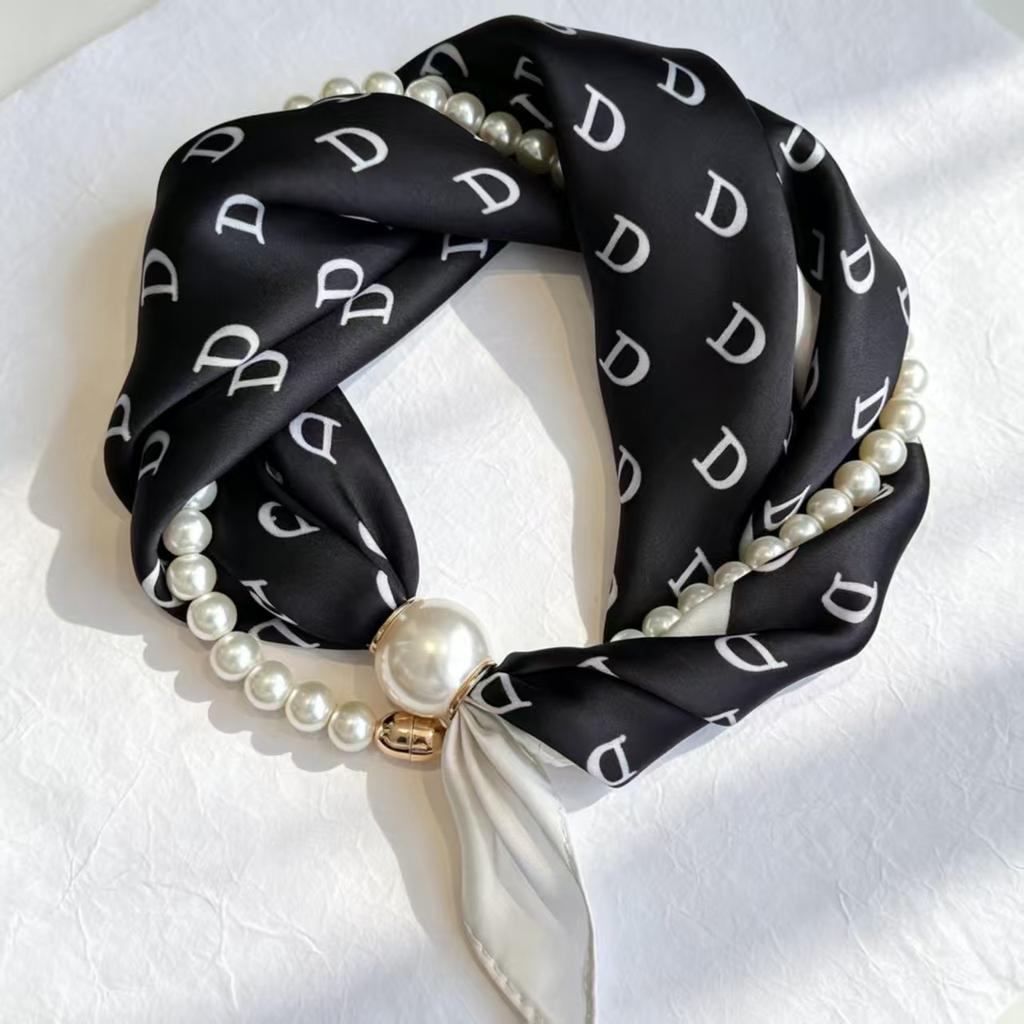 Popular Magnetic Buckle Pearl Necklace Silk Scarf Classic Striped Design Small Scarf Women's Protection Collar Anti-sun Thin Scarf