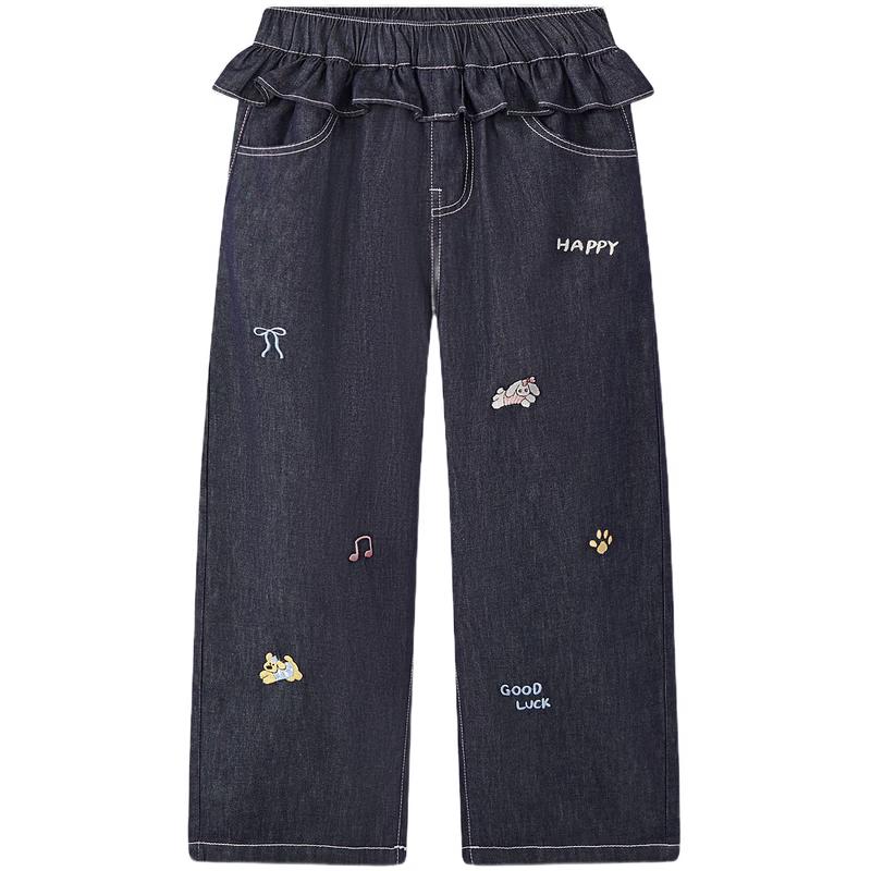 Джинсы MQD для девочек, устойчивые к выцветанию, с мультяшным принтом и кружевной отделкой 120