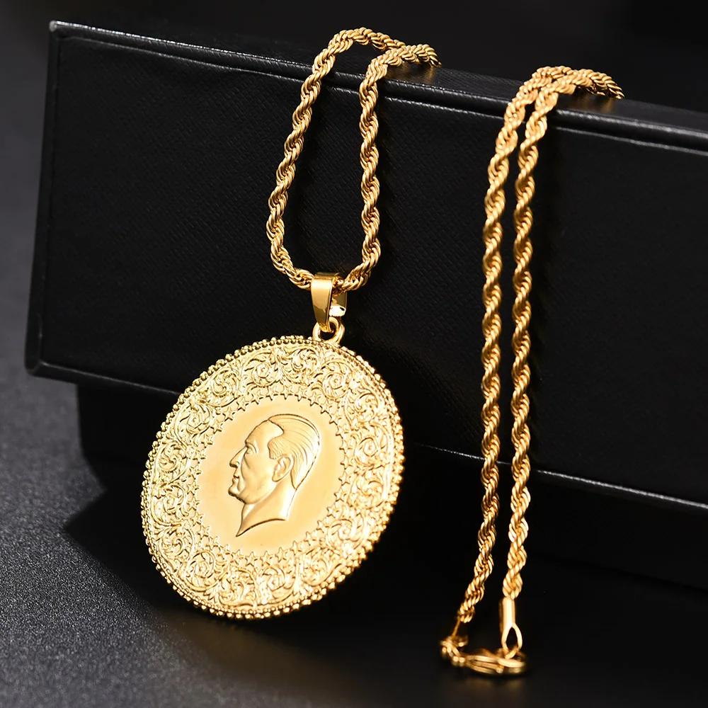 Türkische Münzen Schmuck Ethnische Geschenke Drei Größen Muslimisch Islam Türkei Atatürk Anhänger Allah Arabische Halsketten für Frauen Goldfarbe