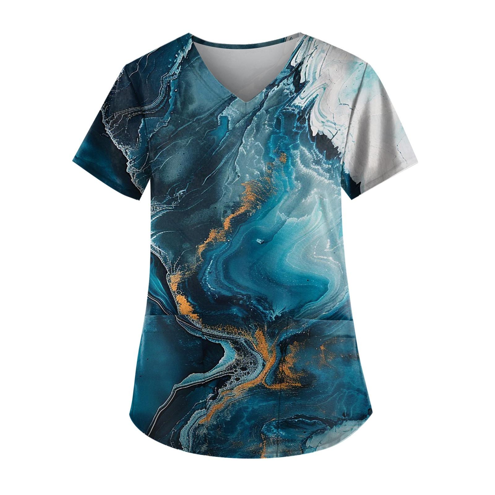 

Женская мода с v-образным вырезом, короткими рукавами и карманами, топы с принтом L