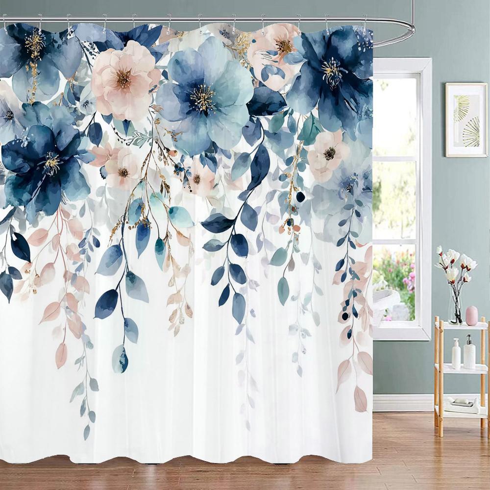 1pc Beautiful Blue Flowers Shower Curtain, Bathroom Decorative Curtain, Floral Printed Polyester Home Curtain with Hooks