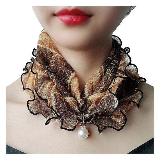 Faux Silk Scarf Lightweight Mesh Soft Shiny Touch Edge-covered Design Scarf with Faux Pearl Decor Neck Decoration