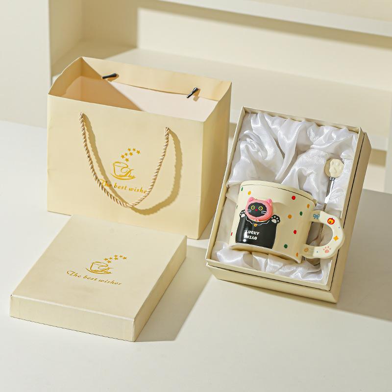 Cute cat ceramic mug with lid spoon coffee water cup couple cup with gift high value