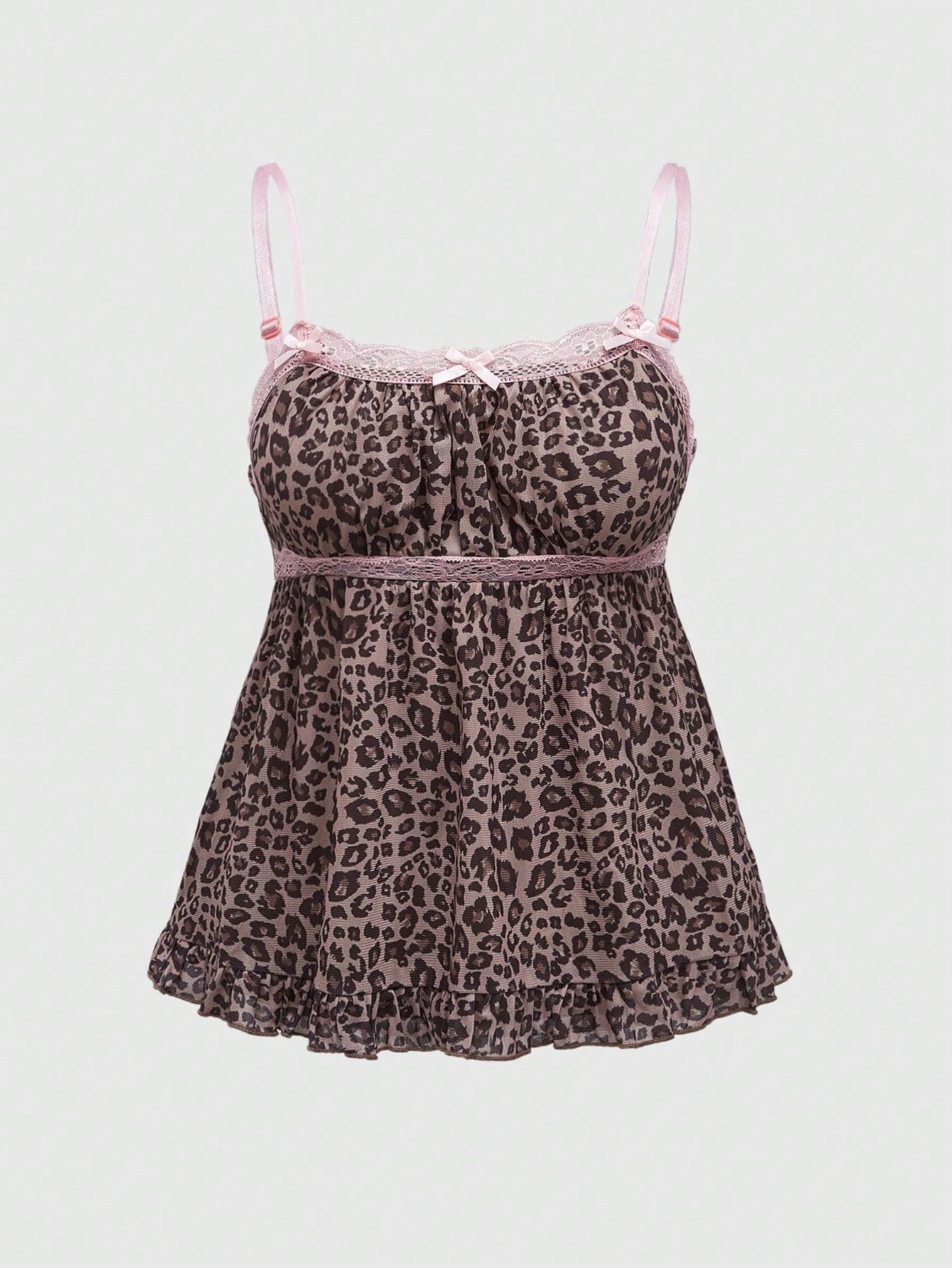 

Summer 2026 Leopard Print Color Block Backless Spaghetti Strap Lace Camisole XS рожевий