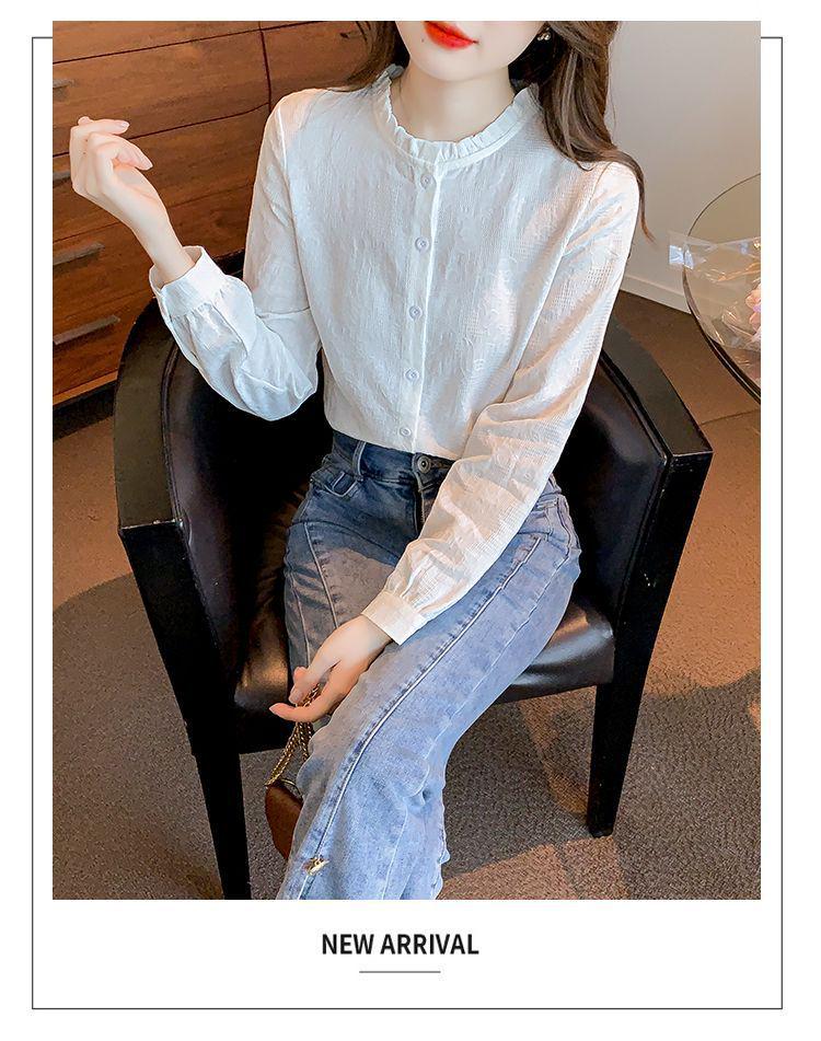 Spring & Autumn 2024 Women's Jacquard Cotton Shirt with Ruffled Collar - Fashionable & Versatile