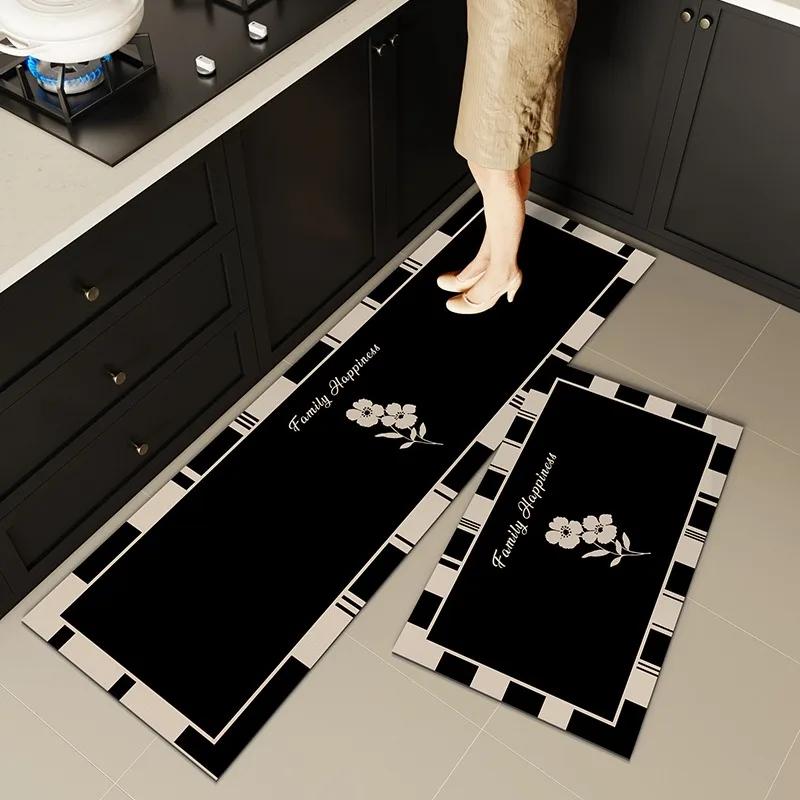 Carpet for Kitchen Non-slip Oil-resistant Erasable Leather Floor Mat Black Flower Water PVC Rugs Home Decoration Long Size Mats