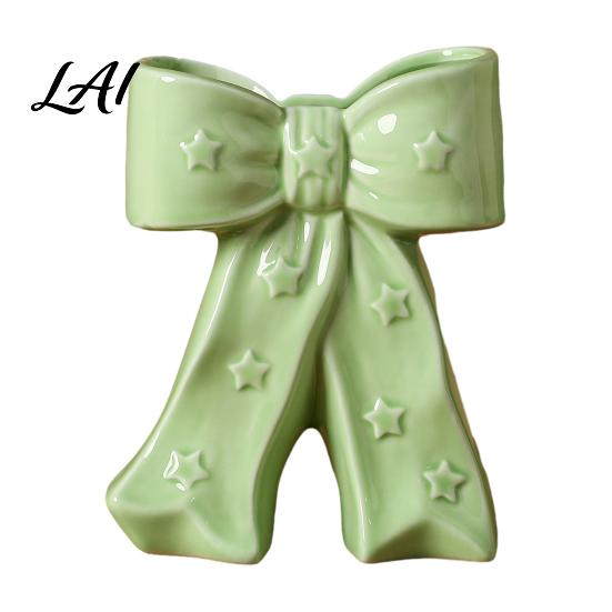 French Style Bow Vase Ceramic with Star Decorative Flowers Vase Creative Flower Chic Room Decor Gifts Arrangement Holder for Living Table
