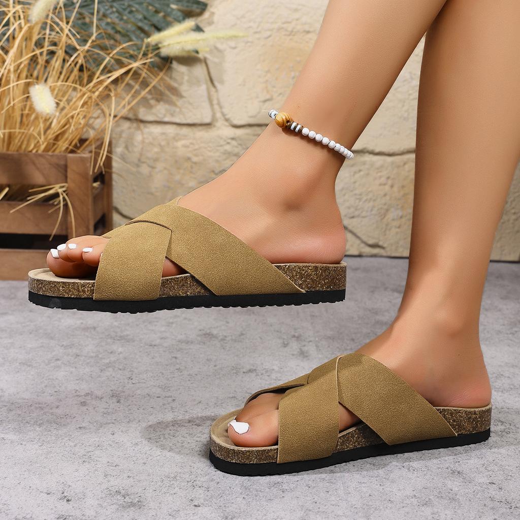 Fashion In the Summer of 2025, Wear Vintage Cork Flat-bottomed Cross-strap Flip-flops Over Thick-soled Large-sized Slippers