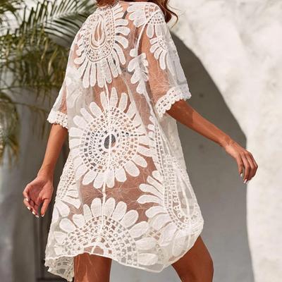 Copricostume da donna in pizzo trasparente con ricamo a fiori sottili, mezze maniche, lunghezza al ginocchio, protezione solare, cardigan in tinta unita, abito da spiaggia da donna