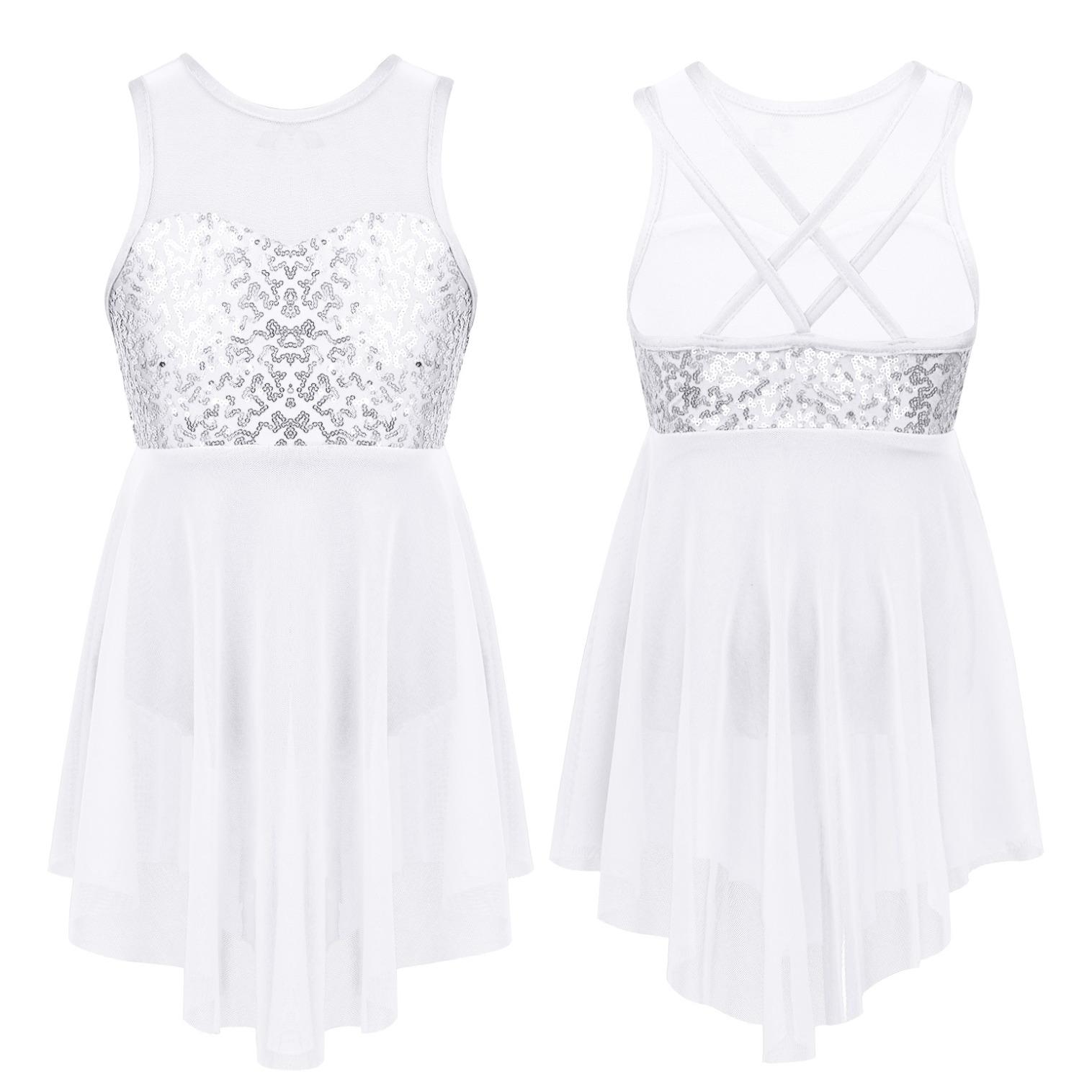 

Детское балетное платье с блестками для девочек, латинское лирическое трико, одежда для современного танца, блестящий танцевальный костюм, нерегулярная юбка 14-16 Years белый