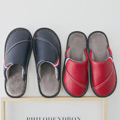 Pantoufles d'hiver en cuir imperméable et peluche pour femmes - Antidérapantes, semelle épaisse, couleur unie