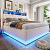 LED Gestoffeerd Bed 180 x 200 cm, Gestoffeerd Opbergbed met USB-oplaadpoort en Hydraulische Opbergruimte, Huidvriendelijke Linnen Stof, Beige
