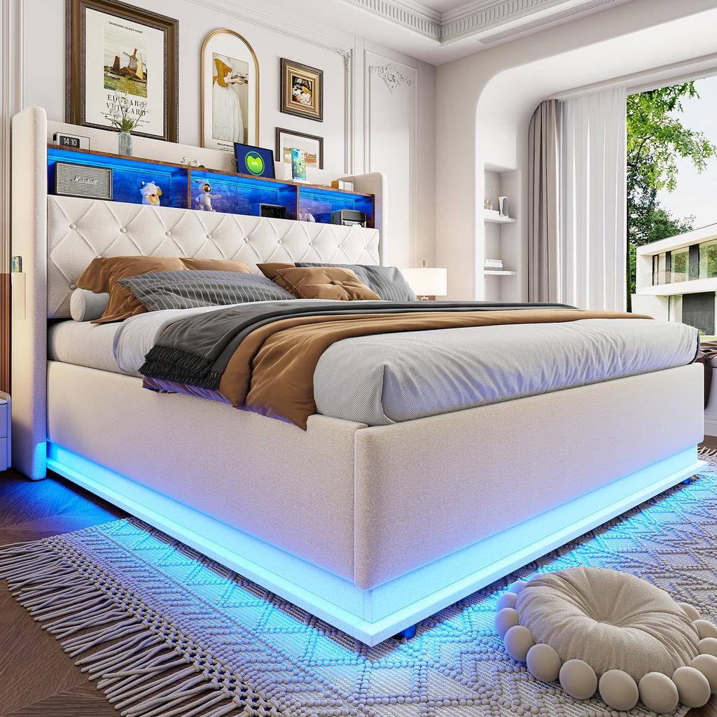 LED Gestoffeerd Bed 180 x 200 cm, Gestoffeerd Opbergbed met USB-oplaadpoort en Hydraulische Opbergruimte, Huidvriendelijke Linnen Stof, Beige