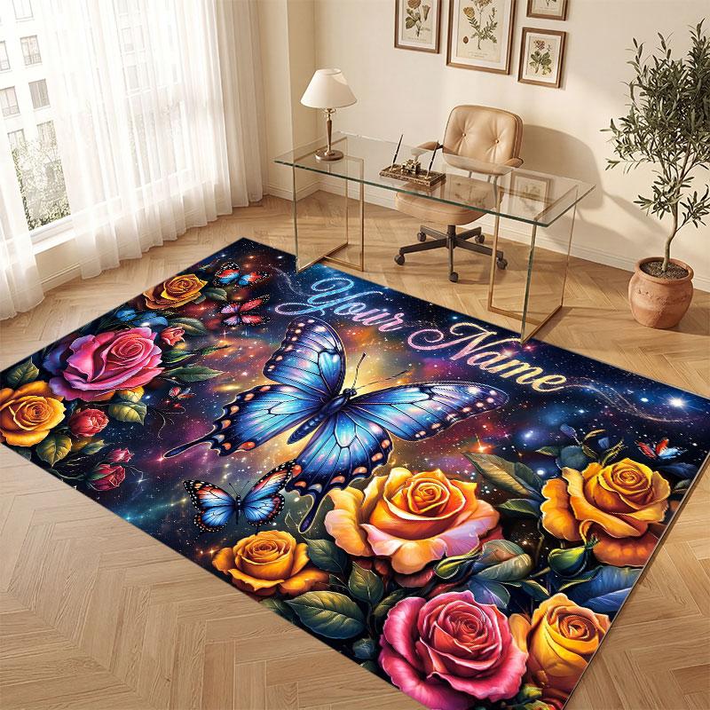 Butterfly Theme Crystal Velvet Floor Rug Personalized Custom Name Text Warm Carpet Home Decoration
