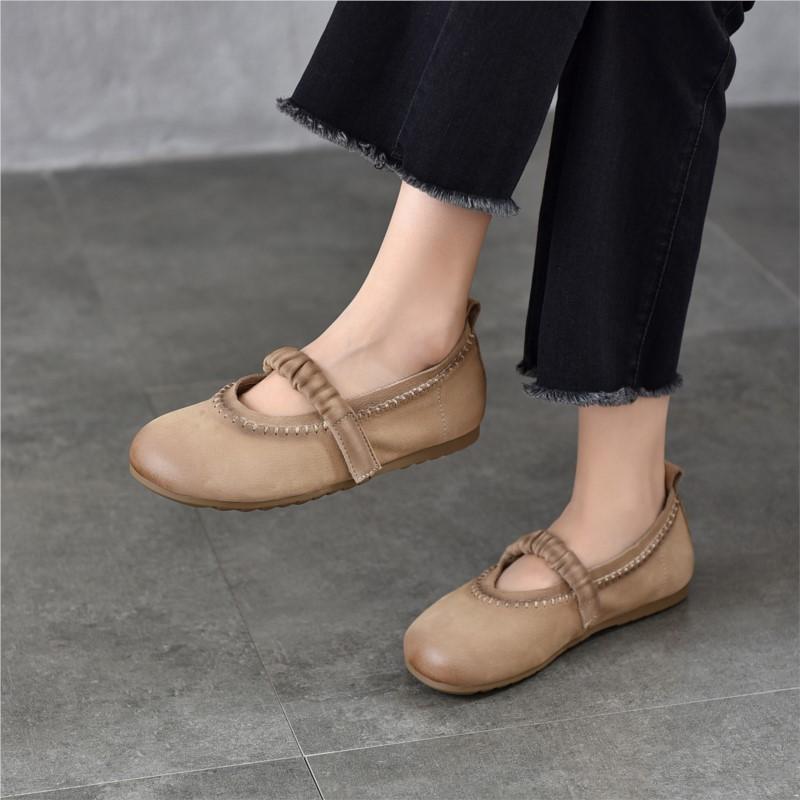 Johnature Retro Flat Shoes Genuine Leather Comfortable Soft Soled Shallow Versatile Women's Shoes