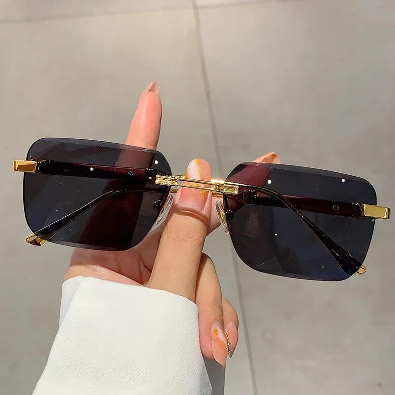 Popular Vintage Rimless Square Sunglasses Women For Men Sun Glasses Punk Pink Shade Luxurious Brand Designer Metal Material Eyeglasses UV400