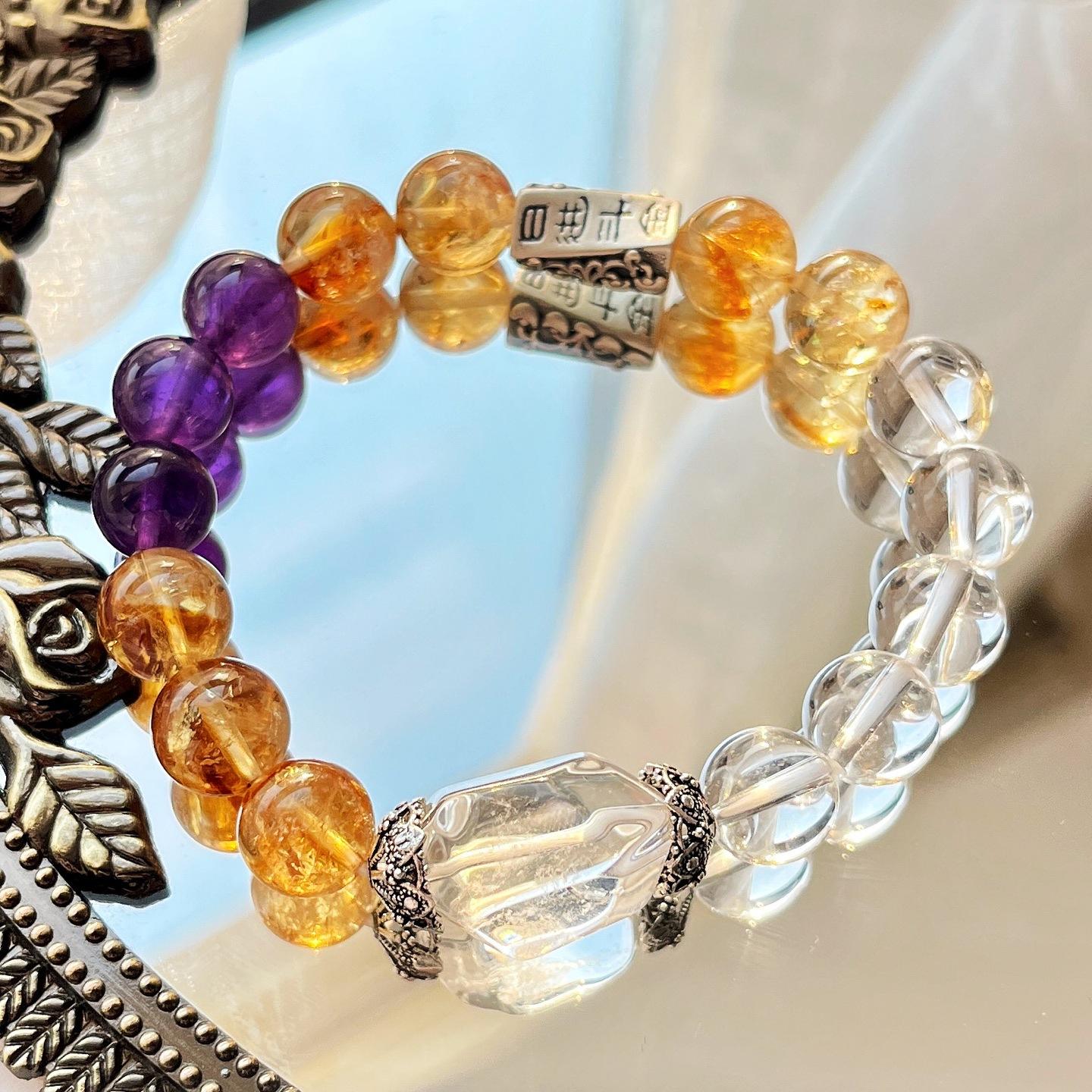 925 Silver High Quality Vitreous Natural Amethyst White Crystal Citrine Bracelet Bracelet