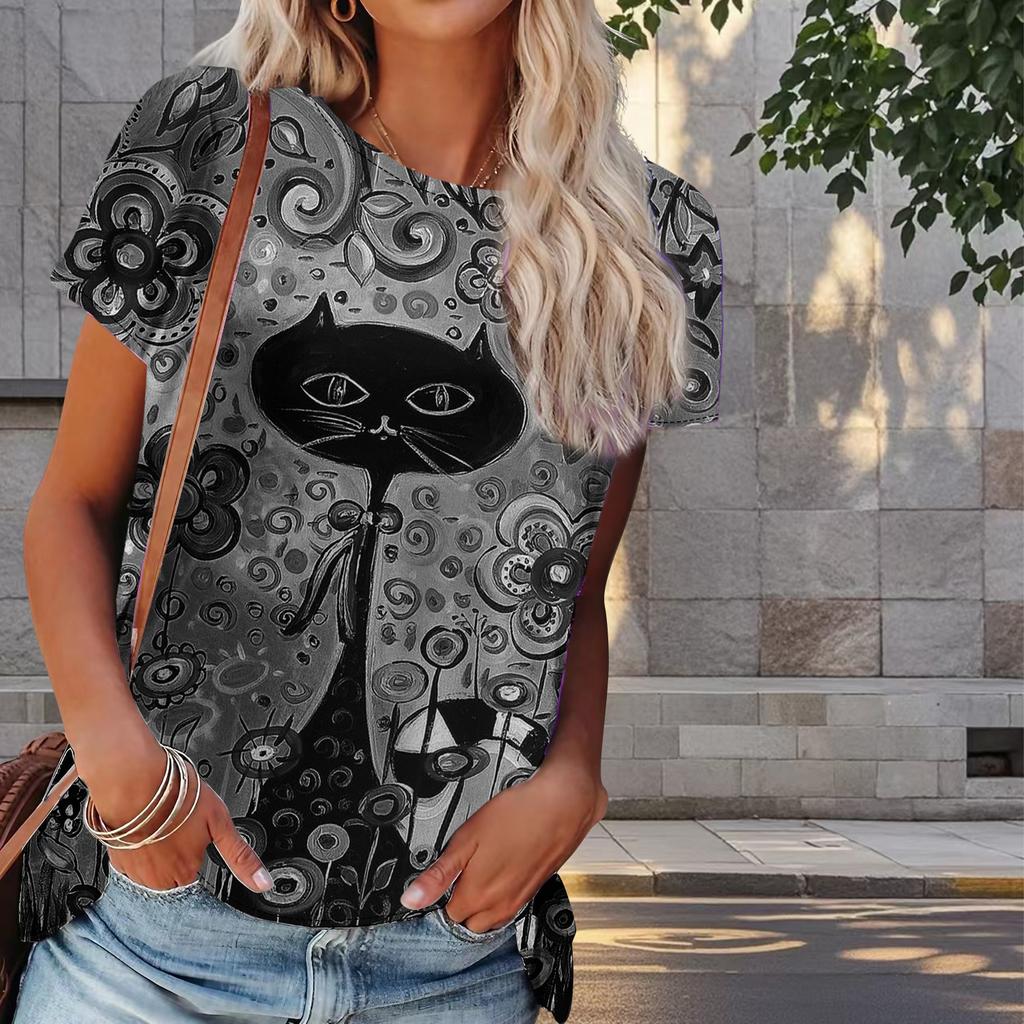 Women Summer T Shirt Kitty Print Retro Fashion Short Sleeve Tees Casual   Printed  Tops
