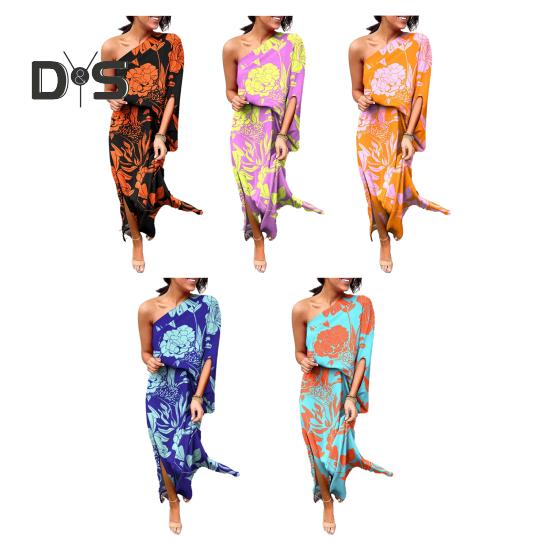 Women's One Shoulder Maxi Dress Batwing Sleeves Floral Printed Split Long Dress Pleated High Waist Cocktail Party Dress