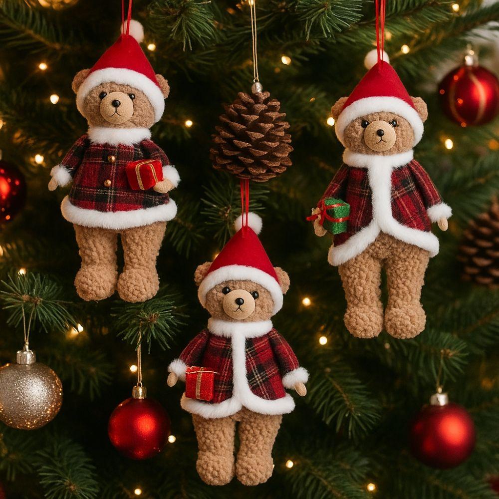 Cartoon Christmas Bear Pendant Cute with Hat Plush Animals Doll Toy Handmade Bear Hanging Ornaments Family Room Decoration