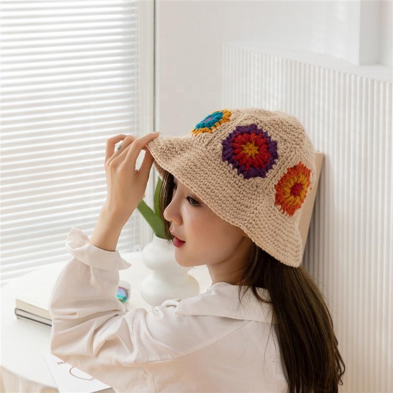 Drop Shipping Popular Hot Sale In Stock Fashion Women Colorful Summer Sport Cap Crochet Flowers Handmade Bucket Hat