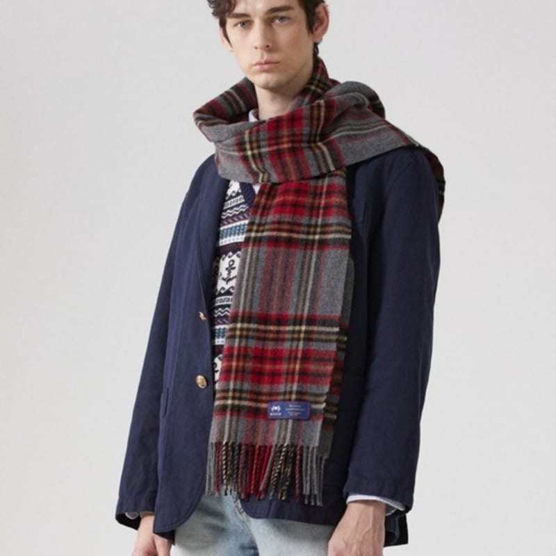 ABRAHAM MOON Merino Wool Shawl Muffler 50cm - Kildwick Gray Red