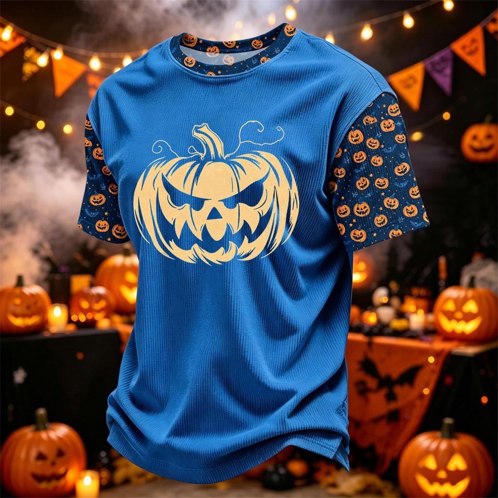 Herren Kord-Rundhals Leicht Atmungsaktiv Kurzarm Oberteil Halloween-Druck Kürbis Grafik Buchstaben oder Süßes Design Freizeithemd