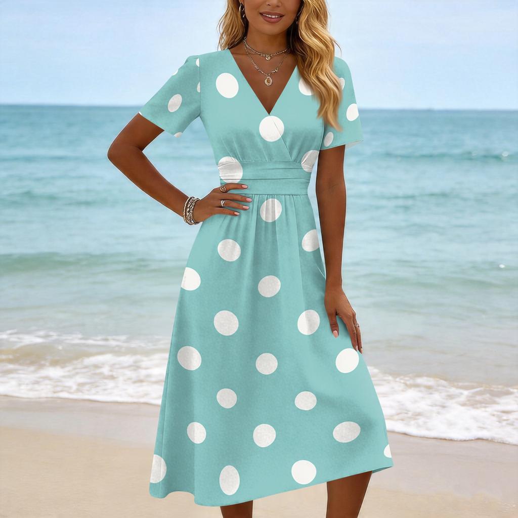 Women's Casual V Neck Short Sleeve Polka Dot Print Dress Midi Length Elastic Waist Summer Dress for Daily Wear